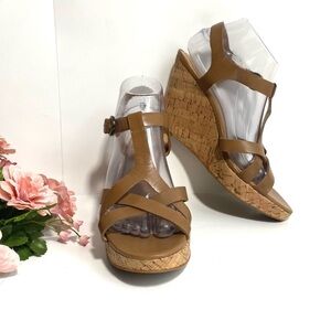 Tahari Sarah Brown Leather Strappy Wedge Sandals